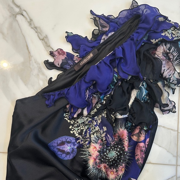 Roberto Cavalli One-Shoulder Dress in Blue and Black - Picture 2 of 7